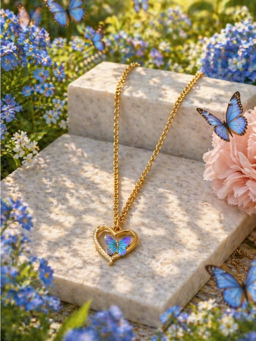 Gold Heart Butterfly Pendant Necklace - Pink/Purple Accent